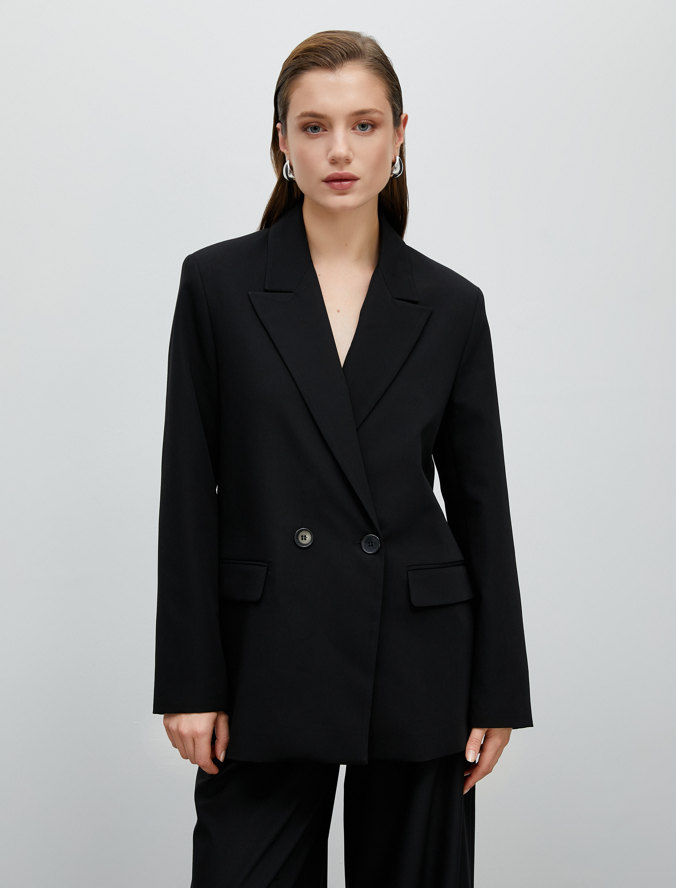 Oversize Blazer Ceket Kruvaze Çift Düğmeli Cepli