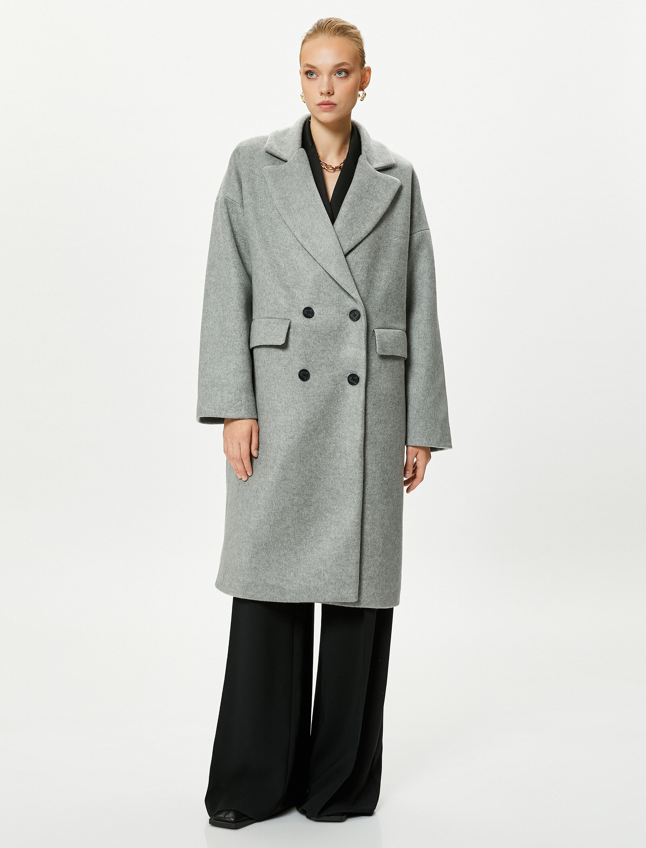   Oversize Kaşe Kaban Kruvaze Düğmeli Kapaklı Cepli