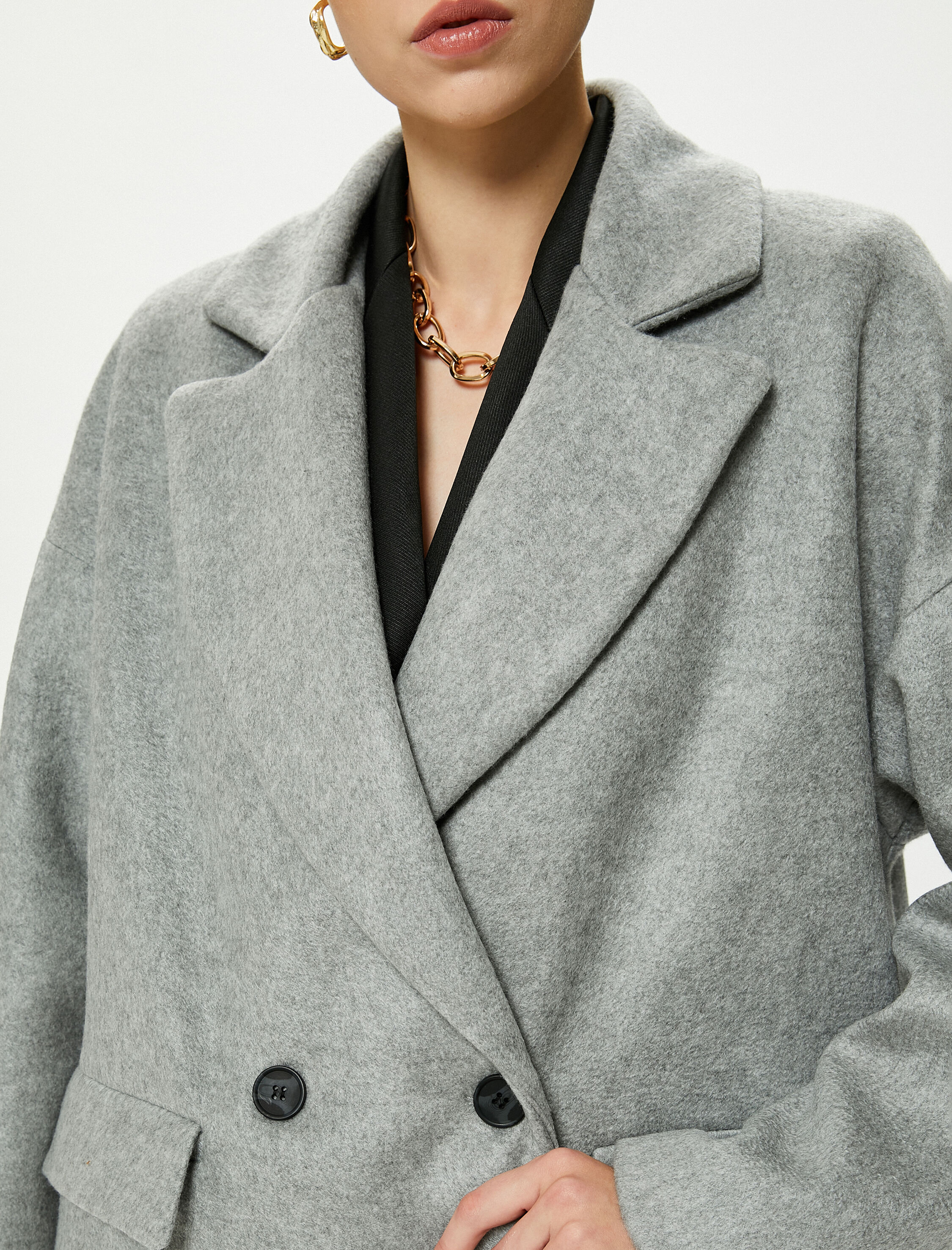   Oversize Kaşe Kaban Kruvaze Düğmeli Kapaklı Cepli