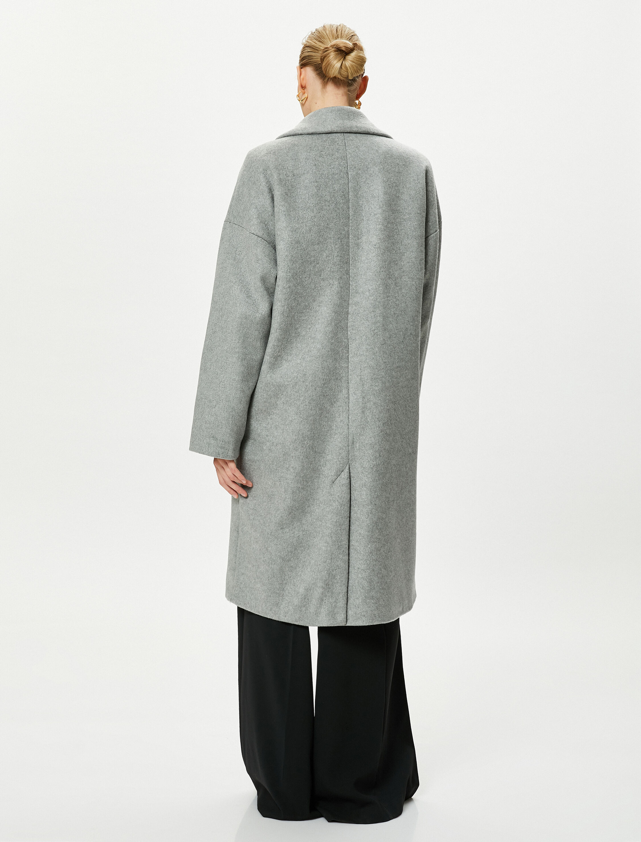   Oversize Kaşe Kaban Kruvaze Düğmeli Kapaklı Cepli