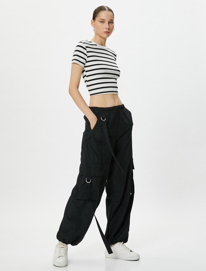  Crop Tişört Kısa Kollu Bisiklet Yaka Viskon Kumaş Karışımlı