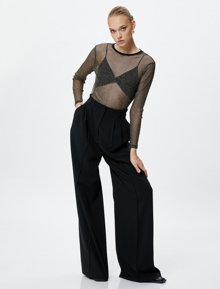  Transparan Tişört Simli Uzun Kollu Bisiklet Yaka