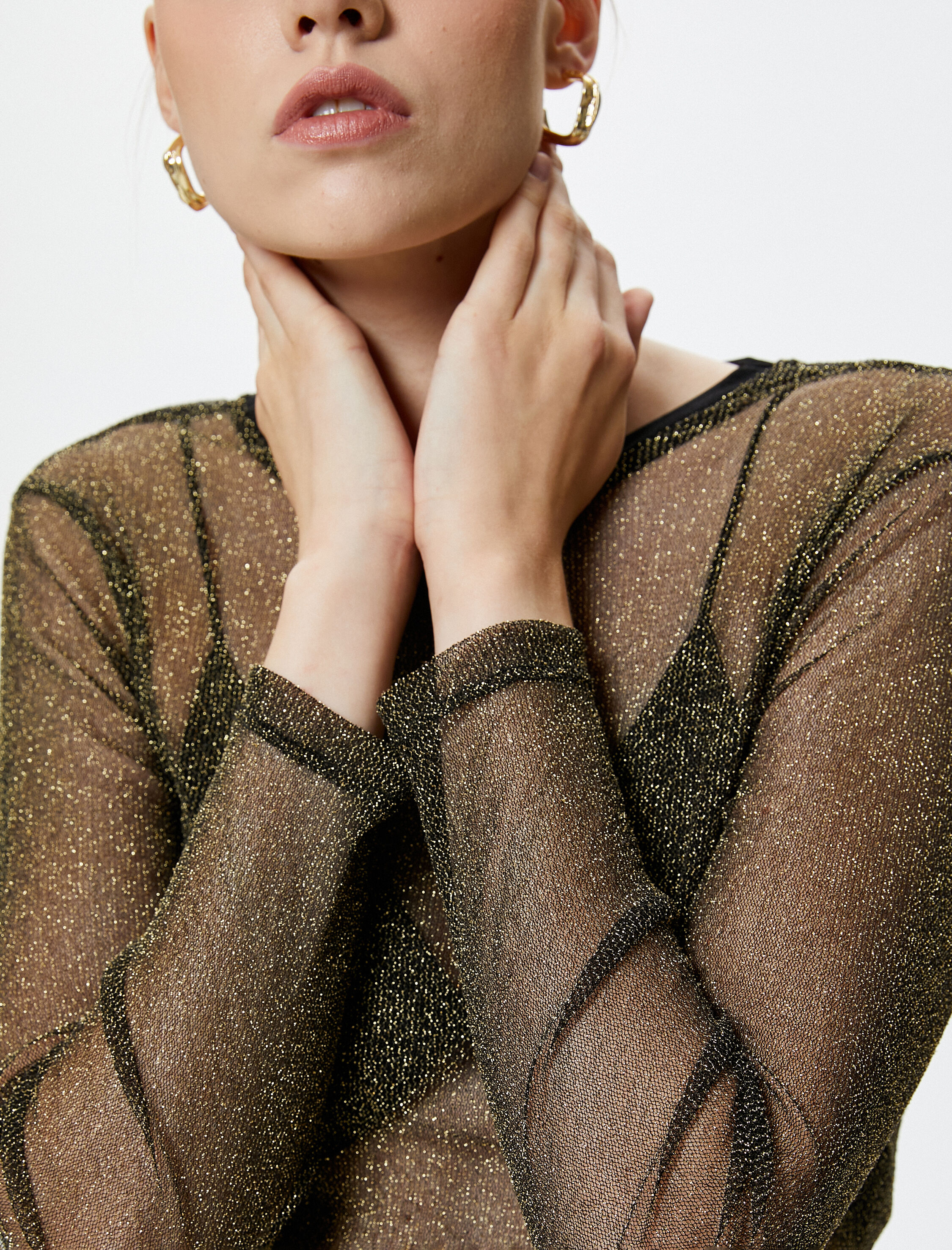   Transparan Tişört Simli Uzun Kollu Bisiklet Yaka