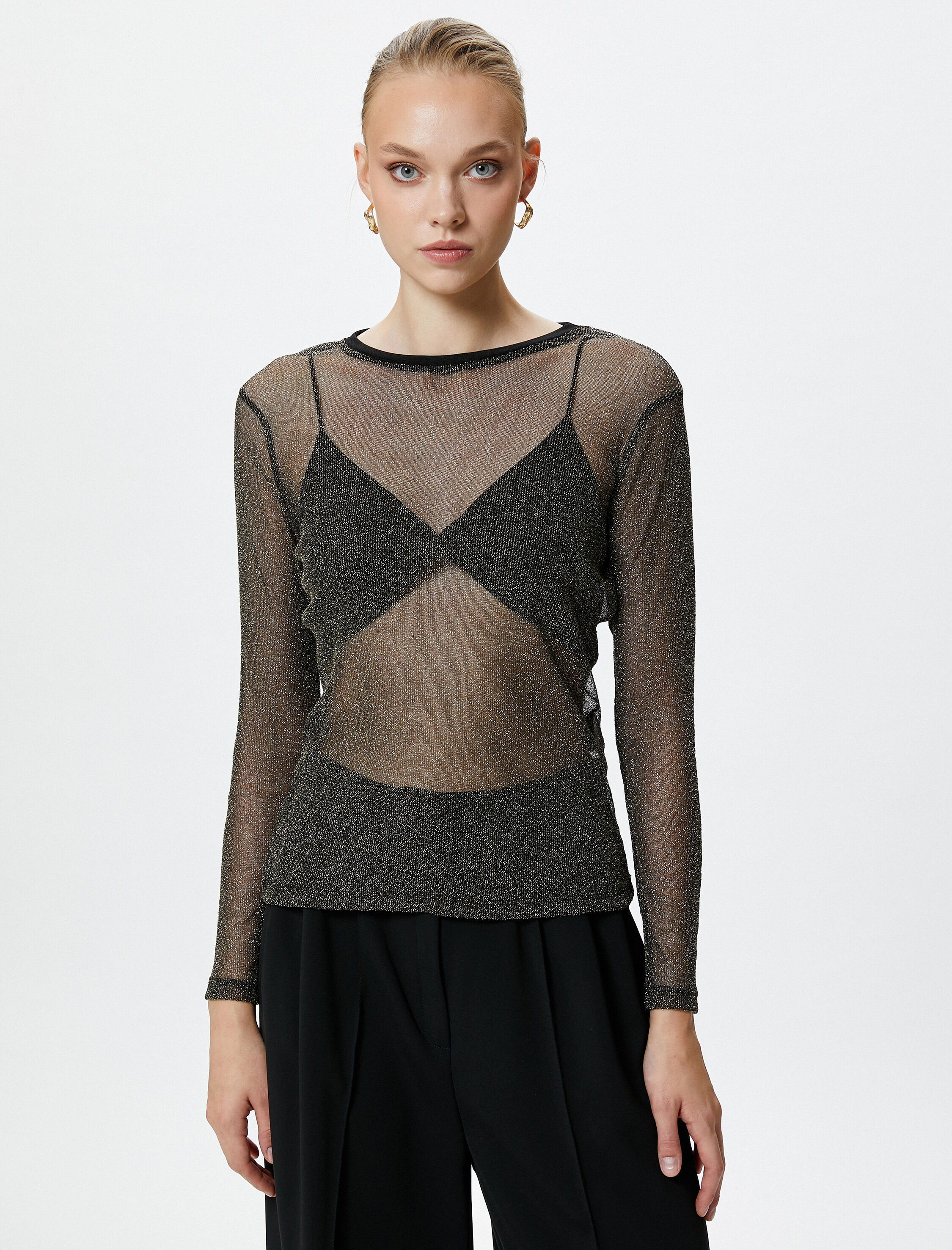   Transparan Tişört Simli Uzun Kollu Bisiklet Yaka