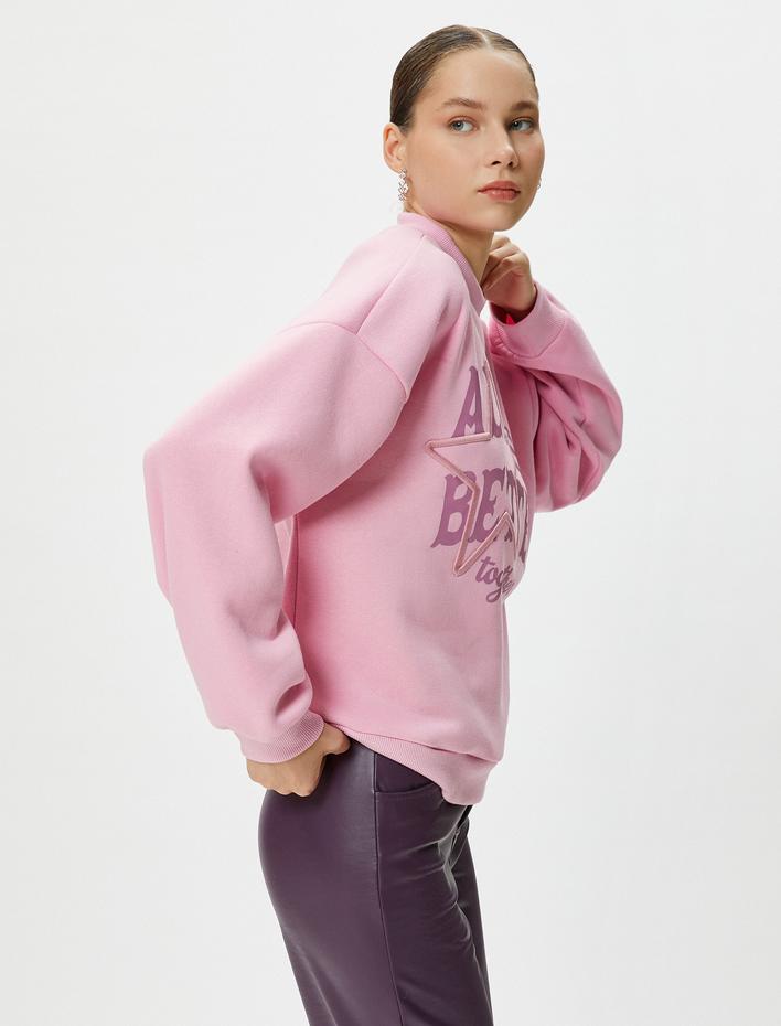  Baskılı Sweatshirt Dik Yaka Yıldız İşleme Detaylı Uzun Kollu Şardonlu