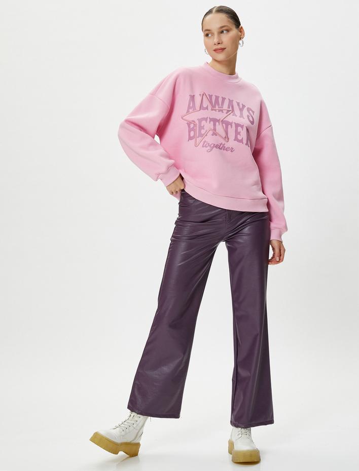  Baskılı Sweatshirt Dik Yaka Yıldız İşleme Detaylı Uzun Kollu Şardonlu