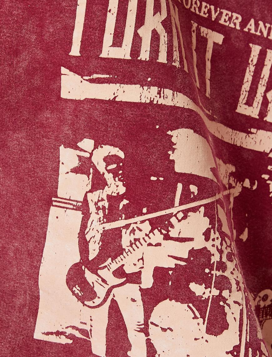   Kapşonlu Sweatshirt Soluk Efektli Baskılı Şardonlu Pamuklu