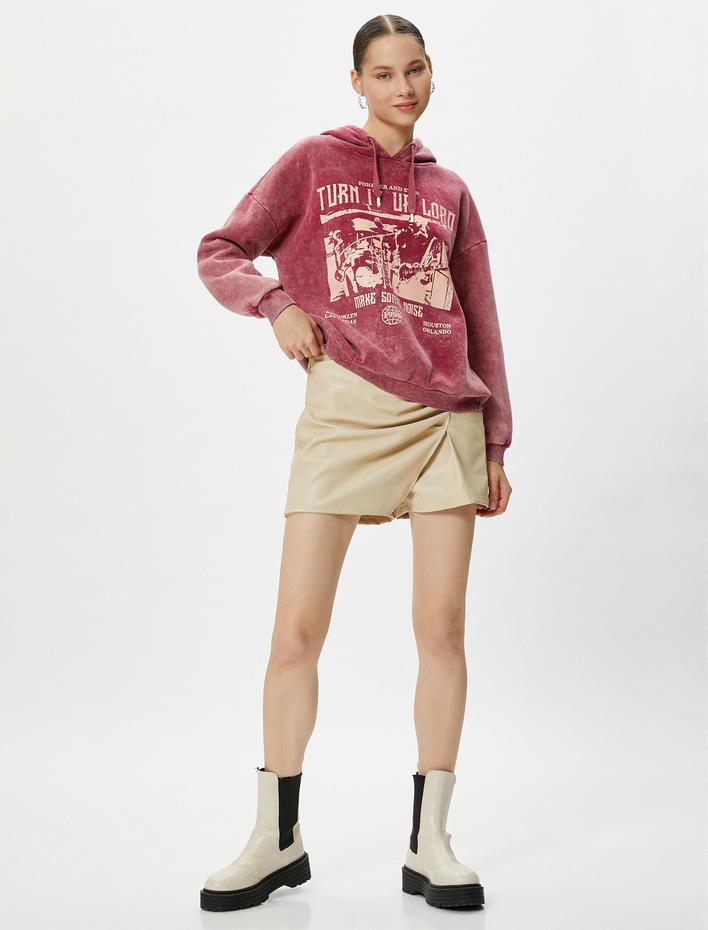  Kapşonlu Sweatshirt Soluk Efektli Baskılı Şardonlu Pamuklu