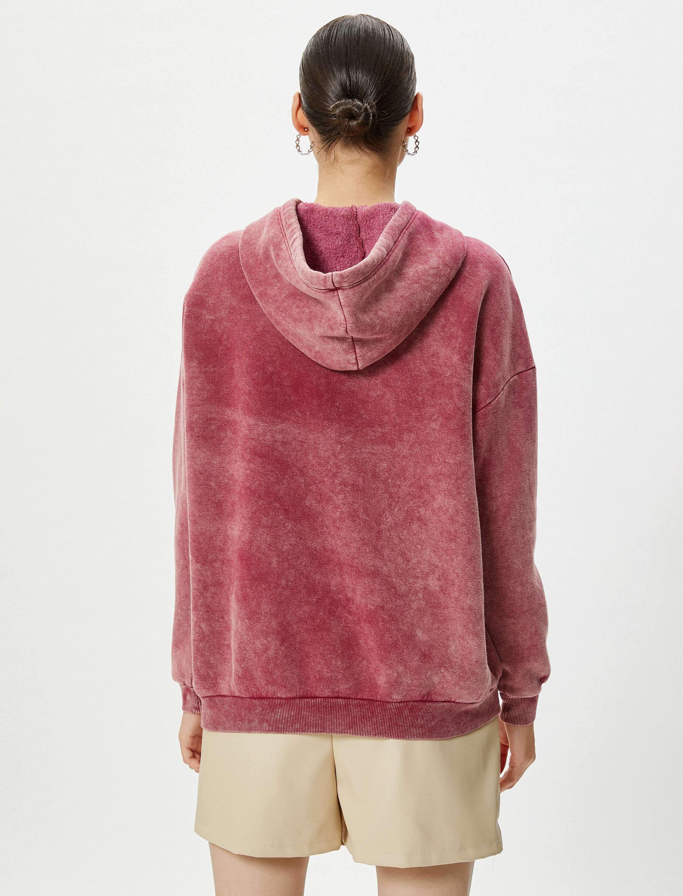   Kapşonlu Sweatshirt Soluk Efektli Baskılı Şardonlu Pamuklu