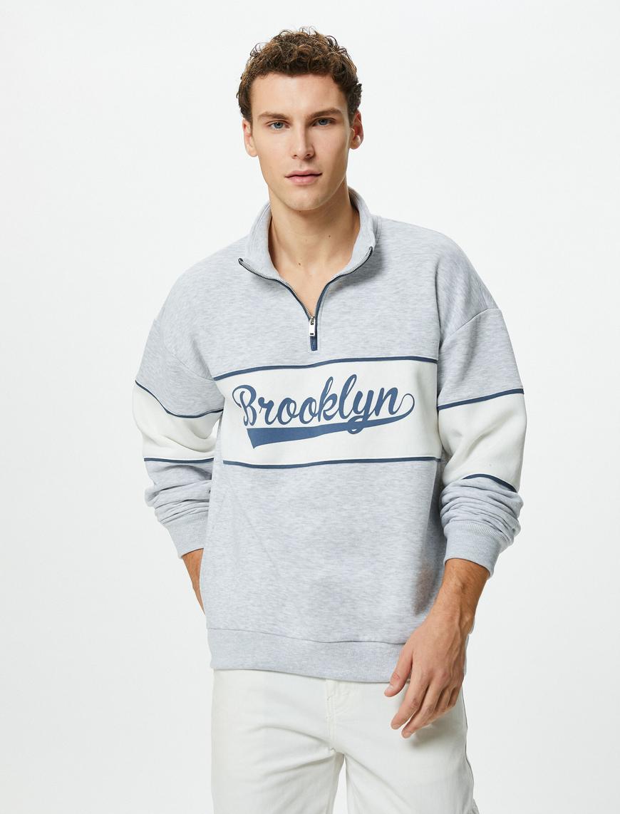   Kolej Sweatshirt Dik Yaka Baskılı Yarım Fermuarlı Uzun Kollu Şardonlu