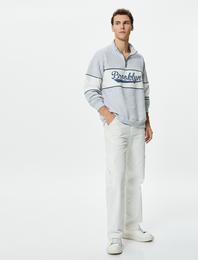 Kolej Sweatshirt Dik Yaka Baskılı Yarım Fermuarlı Uzun Kollu Şardonlu