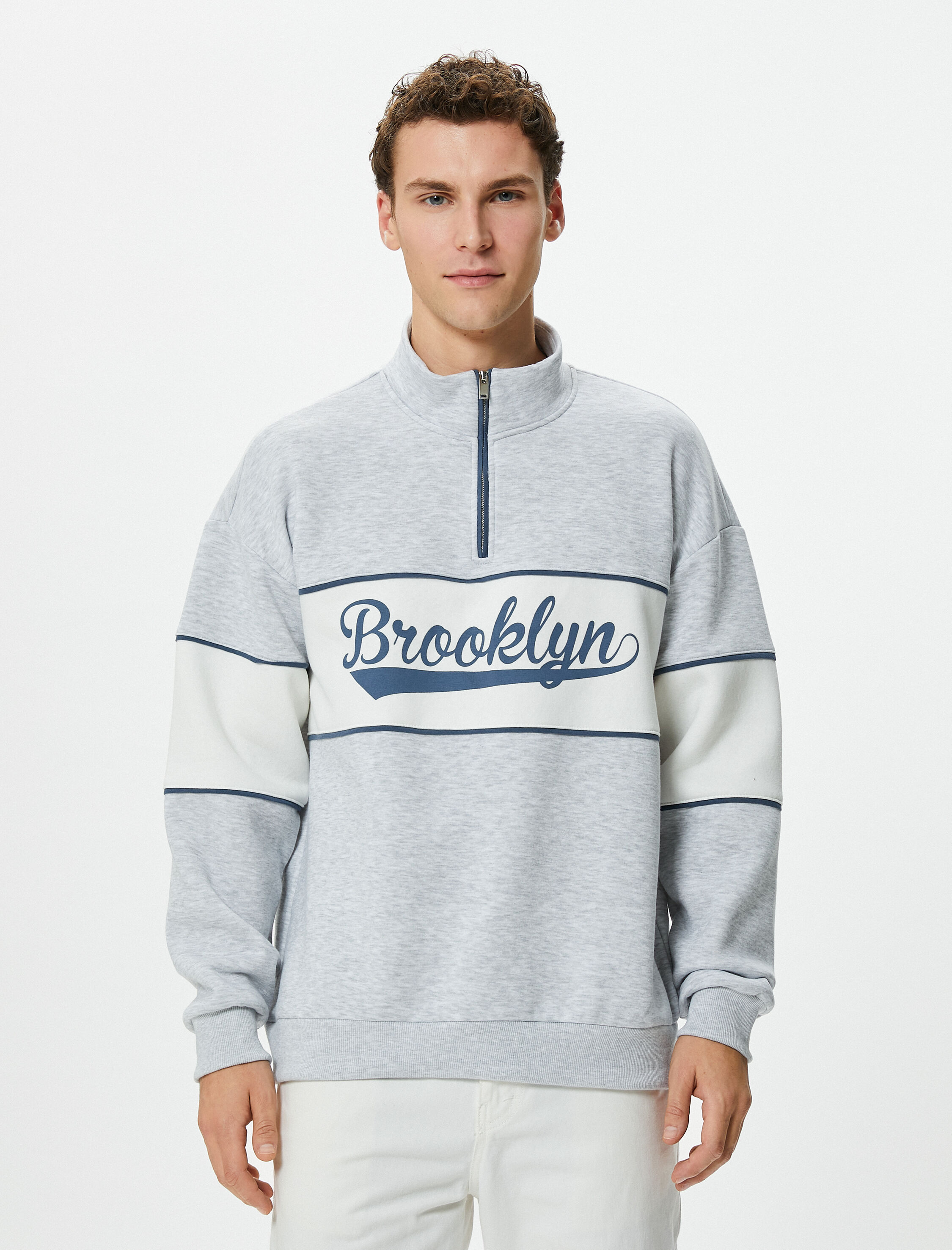   Kolej Sweatshirt Dik Yaka Baskılı Yarım Fermuarlı Uzun Kollu Şardonlu