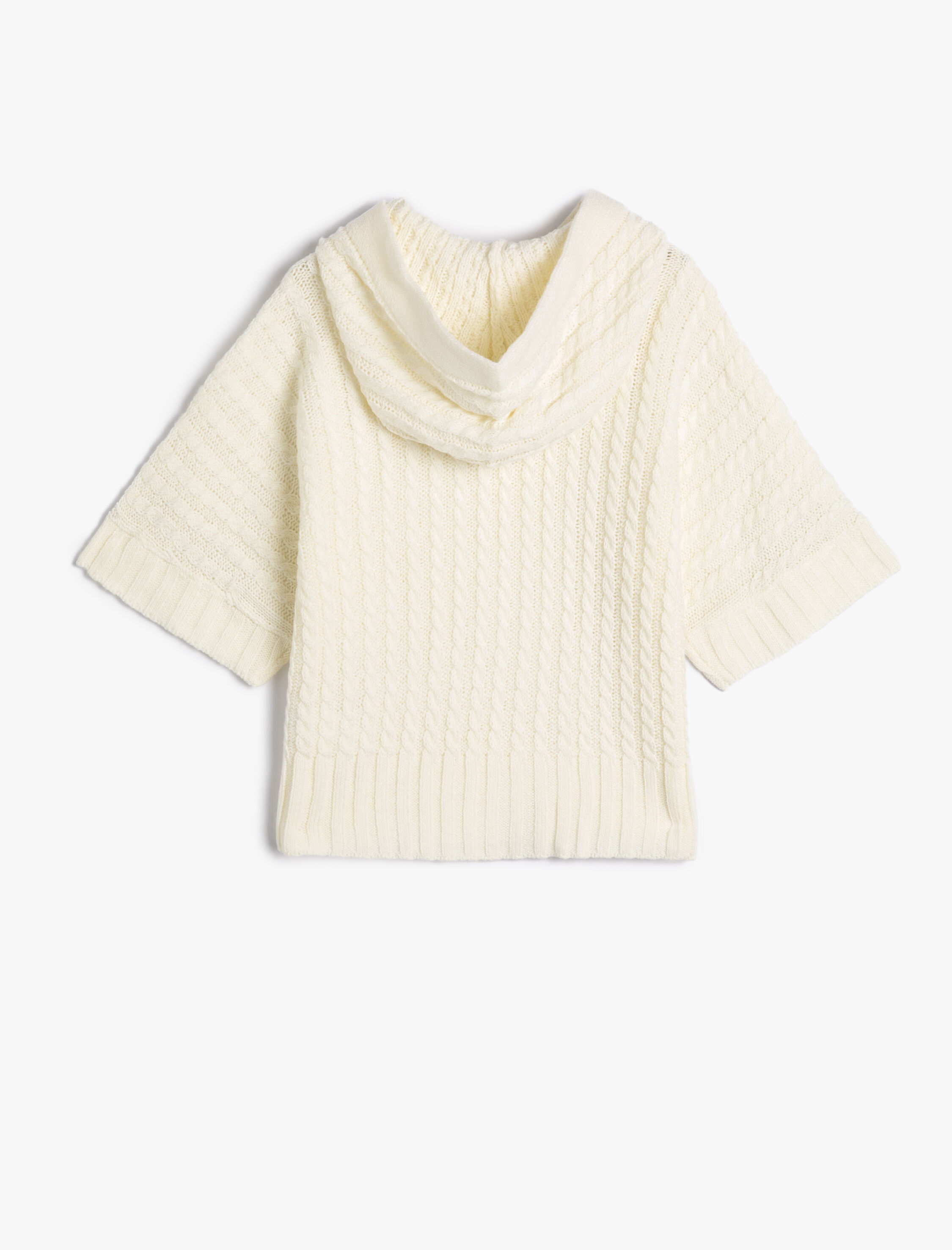  Kız Çocuk Kapşonlu Panço Kısa Kollu Örgü Detaylı