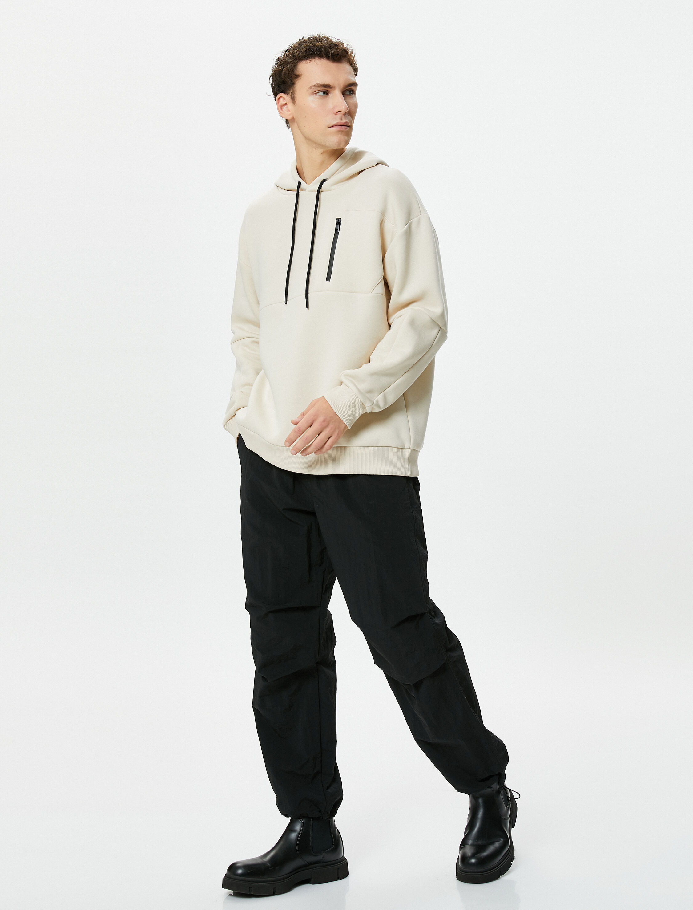   Oversize Hoodie Fermuar Cepli Dikiş Detaylı Uzun Kollu Şardonlu