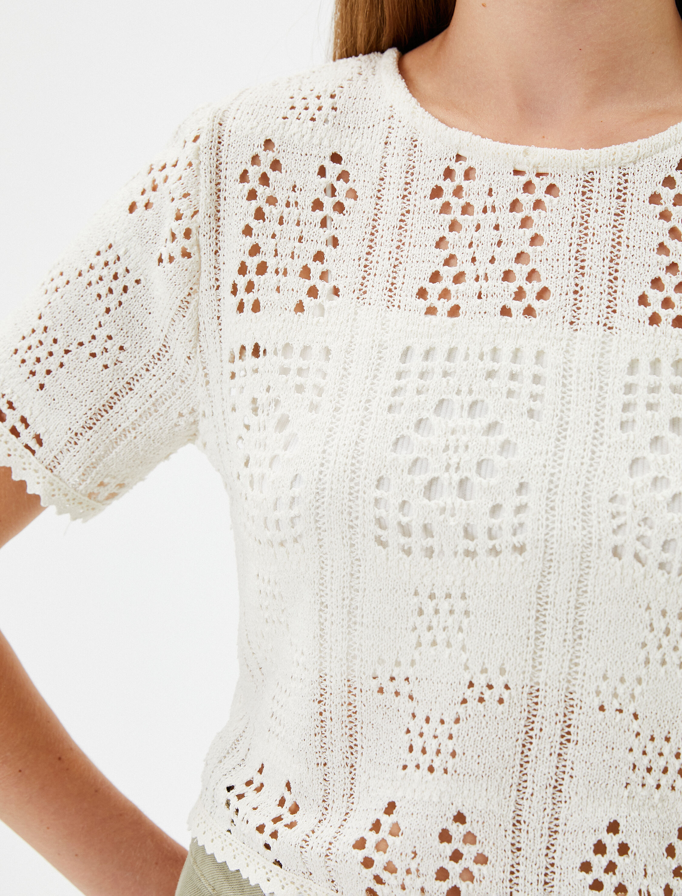   Ajurlu Crop Tişört Kısa Kollu Bisiklet Yaka