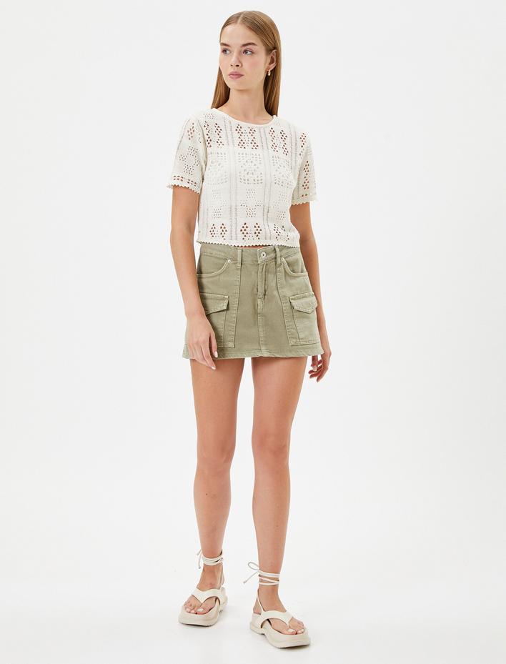  Ajurlu Crop Tişört Kısa Kollu Bisiklet Yaka