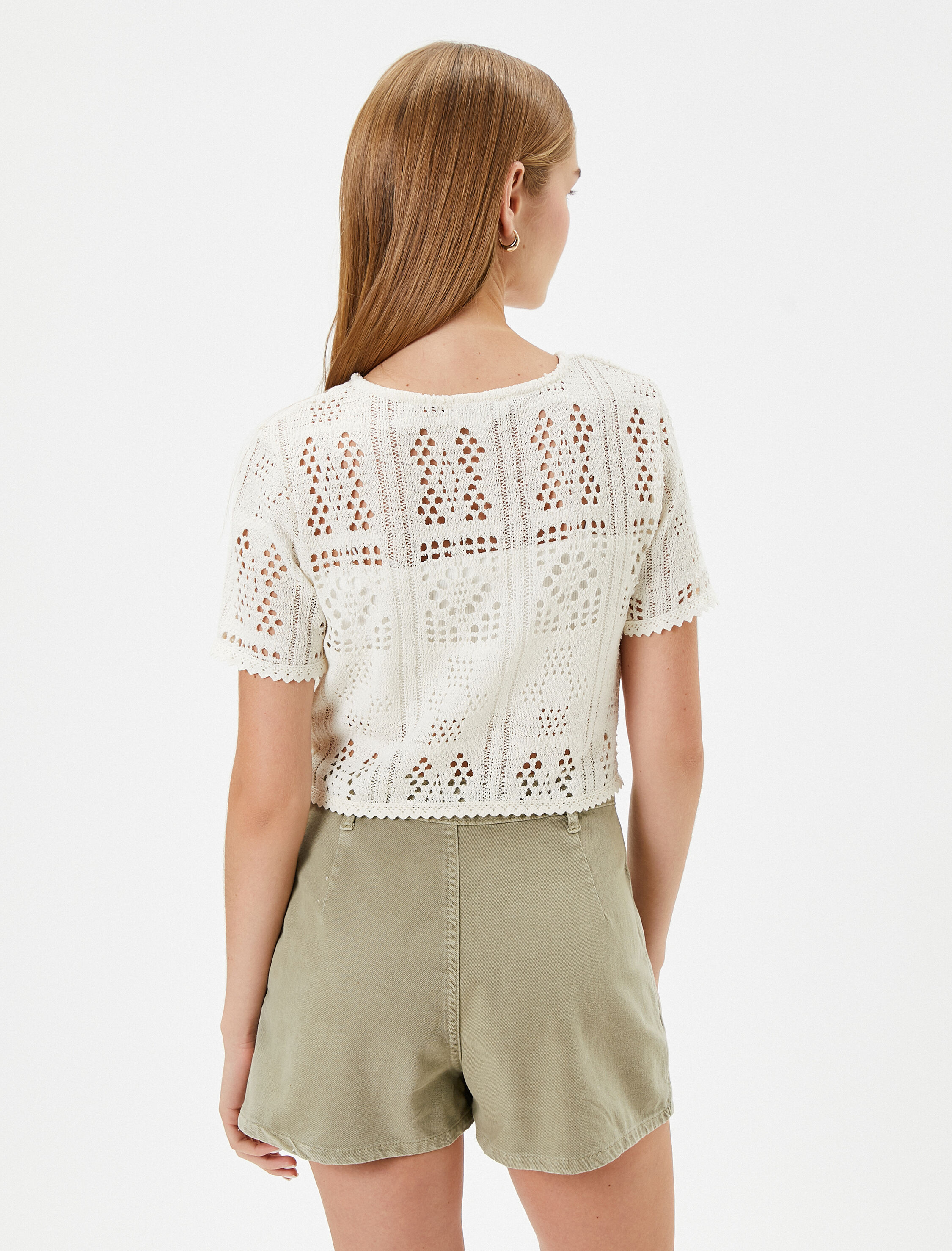   Ajurlu Crop Tişört Kısa Kollu Bisiklet Yaka