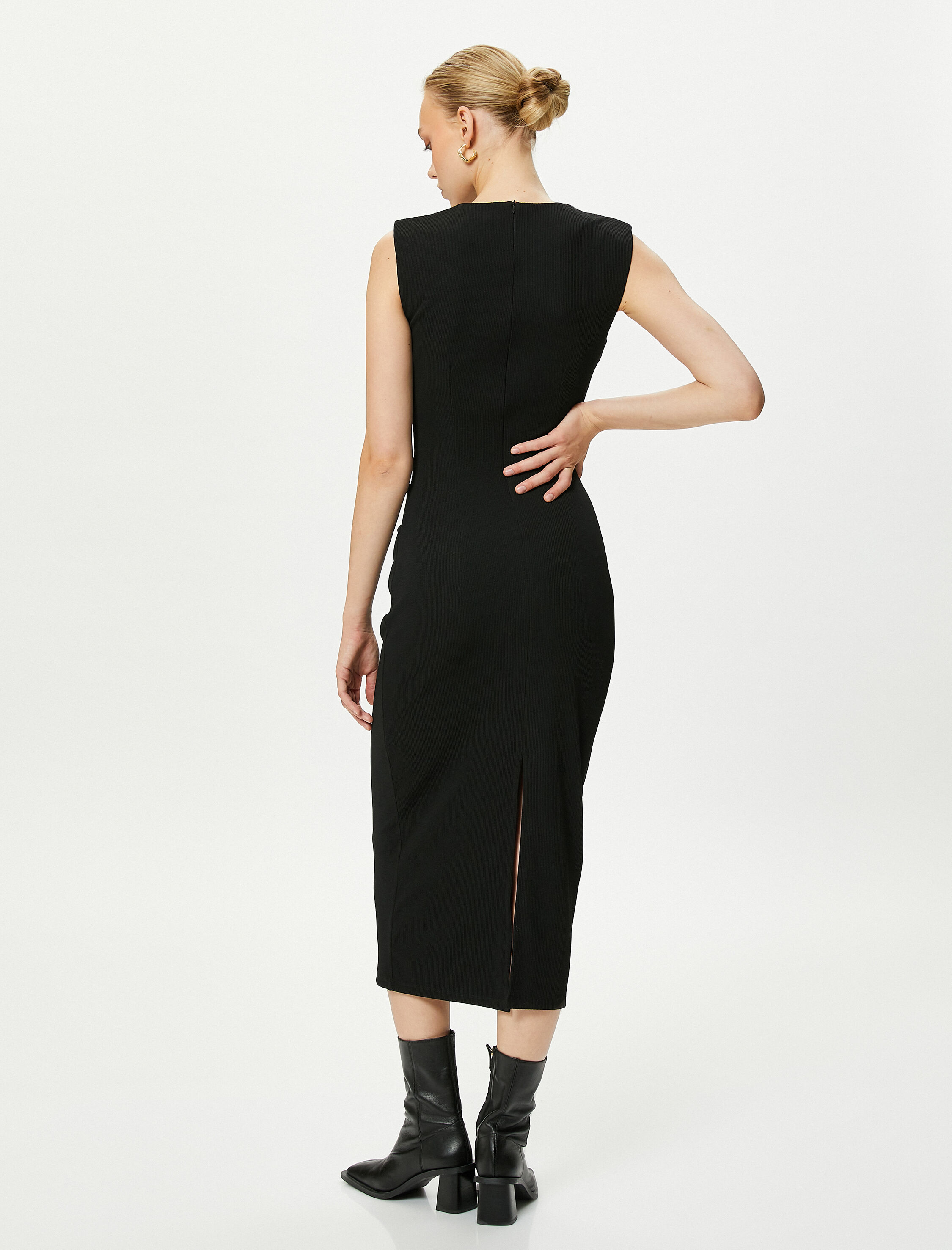   Midi Triko Elbise Bisiklet Yaka Kolsuz Bodycon Drapeli Yırtmaçlı
