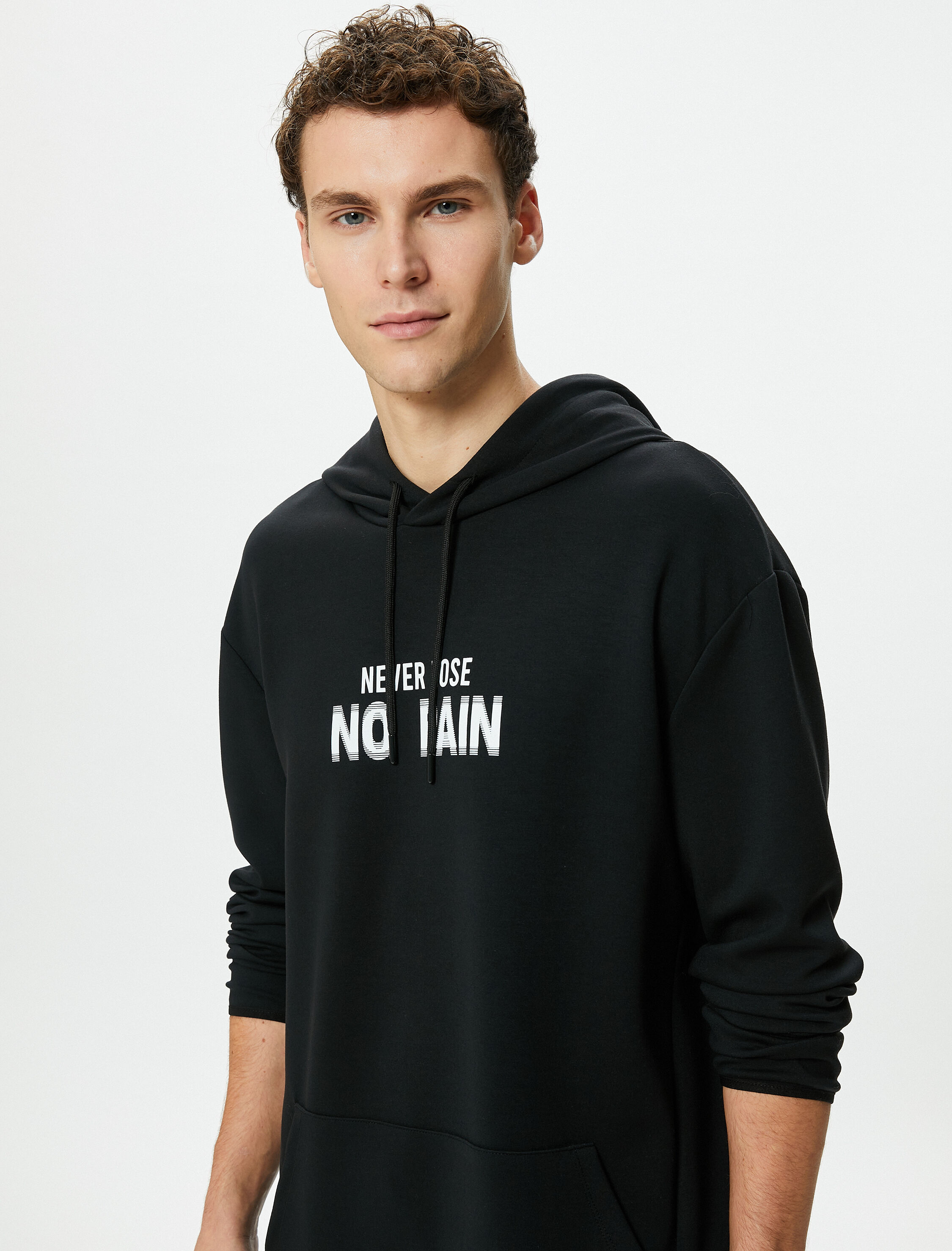   Oversize Hoodie Kanguru Cepli Slogan Baskılı Uzun Kollu Modal
