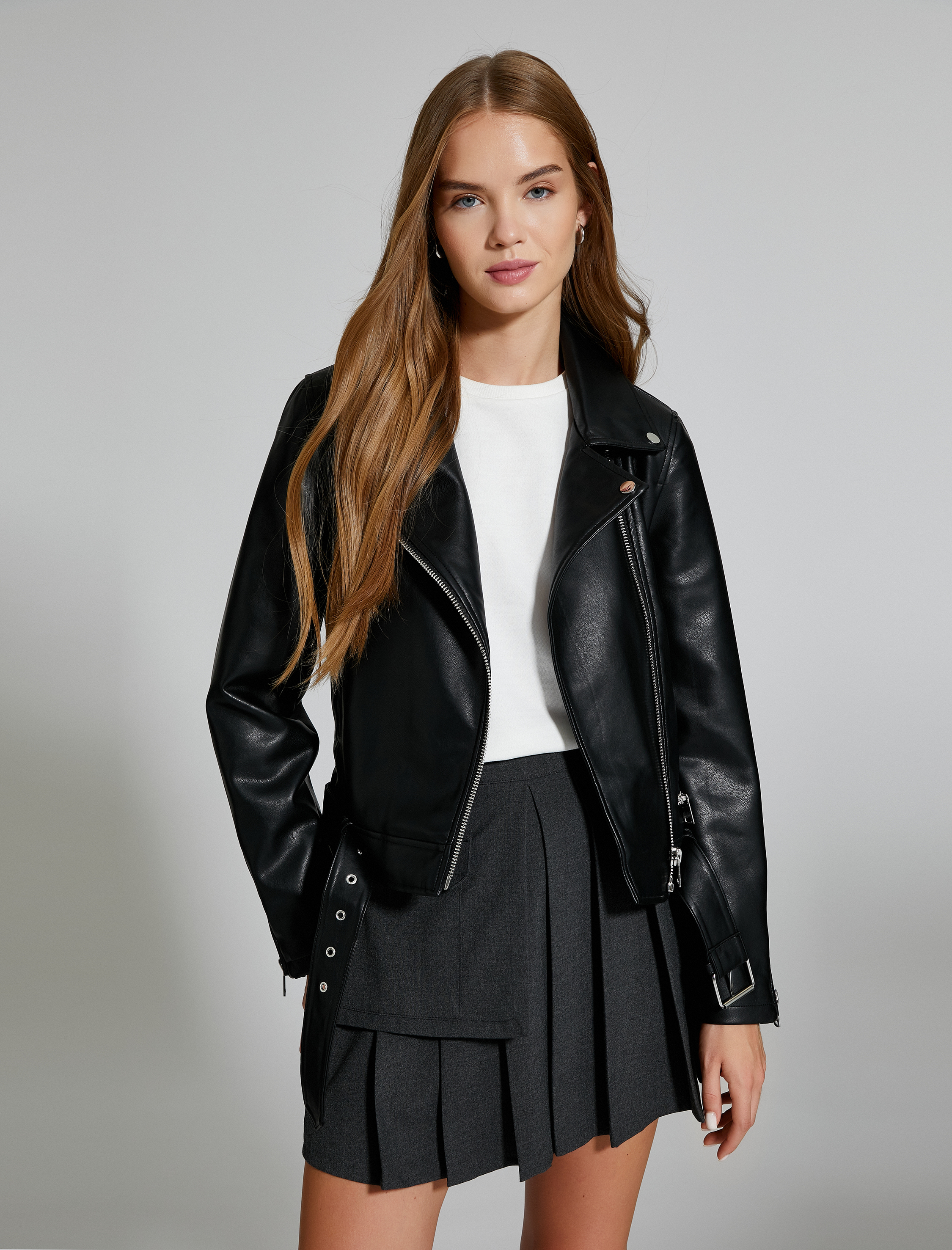   Biker Ceket Suni Deri Fermuarlı Kemer Detaylı