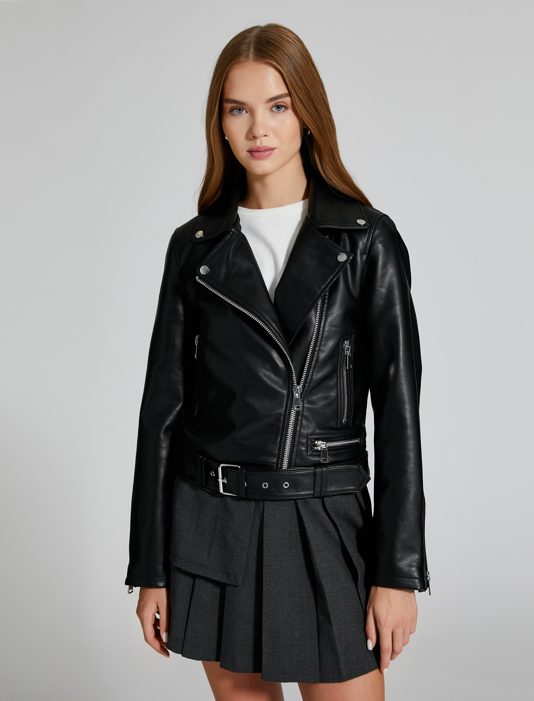   Biker Ceket Suni Deri Fermuarlı Kemer Detaylı