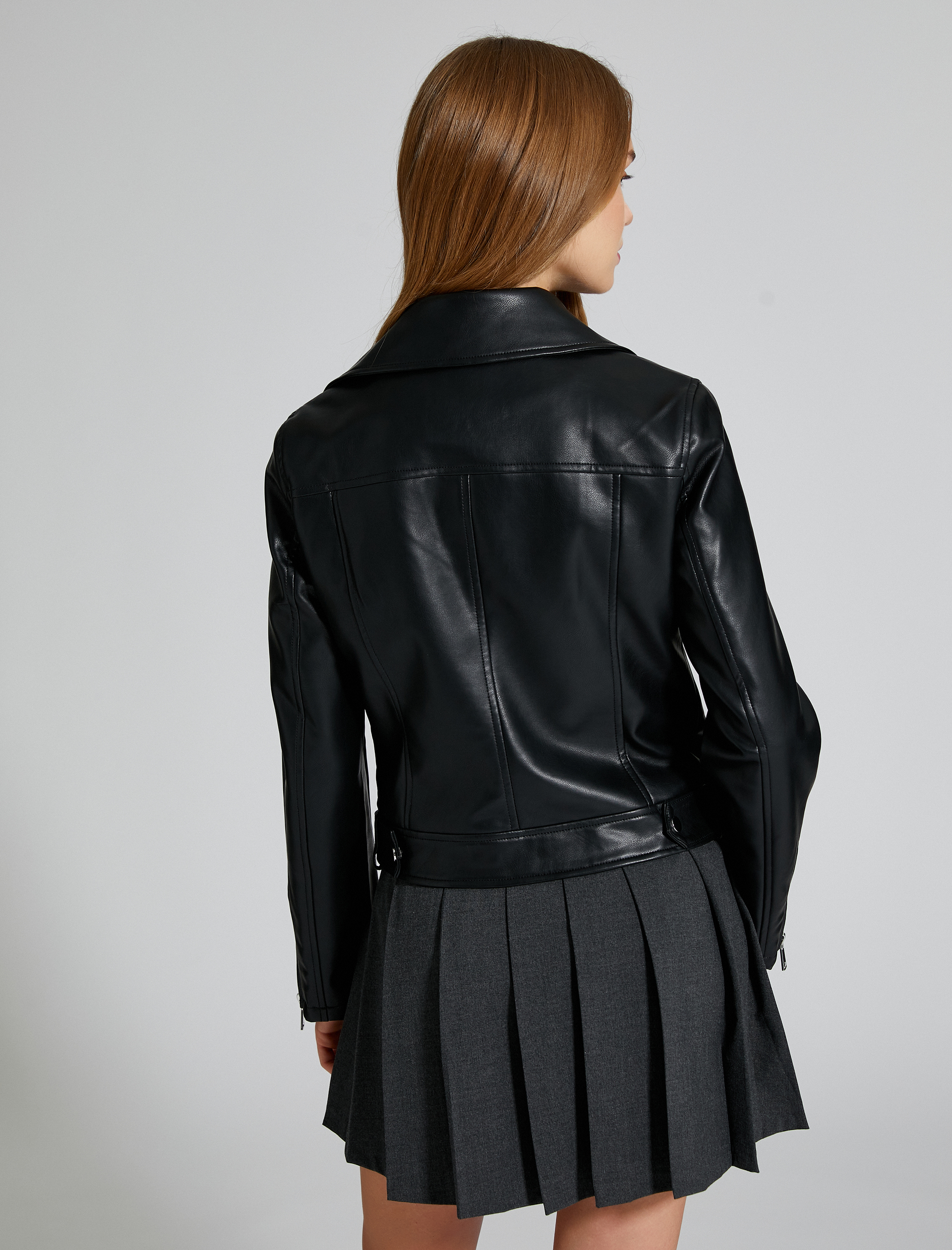   Biker Ceket Suni Deri Fermuarlı Kemer Detaylı