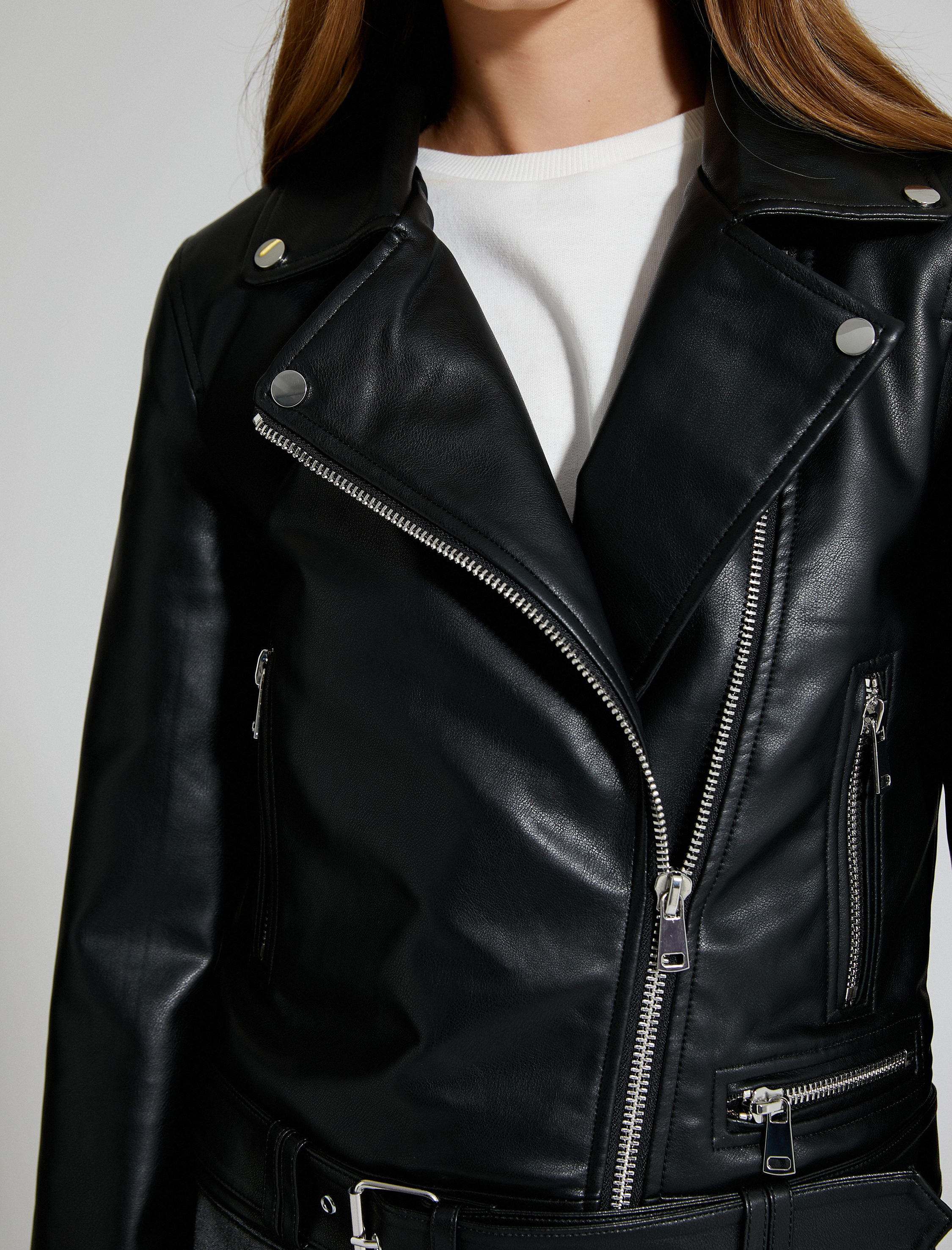   Biker Ceket Suni Deri Fermuarlı Kemer Detaylı