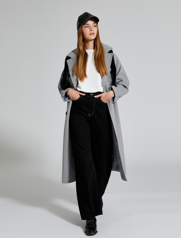  Ekstra Geniş Paça Kot Pantolon Gabardin Kumaş Yüksek Bel - Bianca Jeans