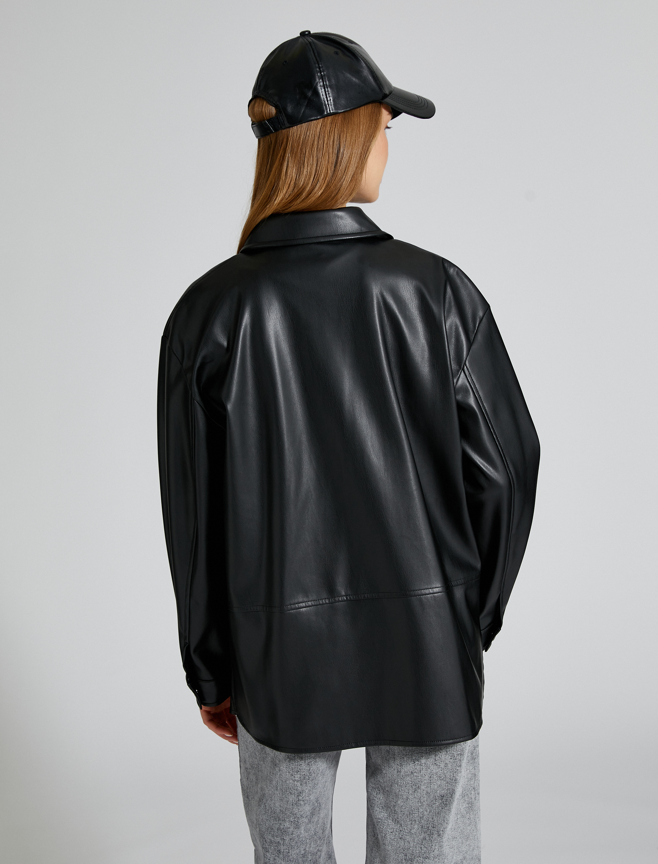   Suni Deri Ceket Oversize Cepli Düğmeli Gömlek Yaka