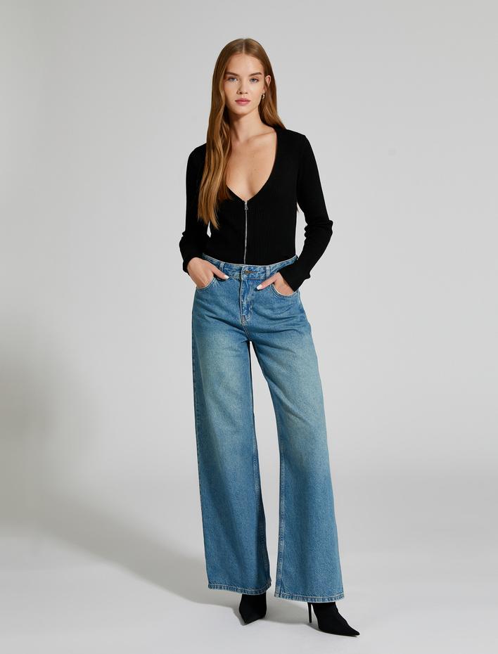  Triko Hırka Fermuarlı V Yaka Fitilli Uzun Kollu