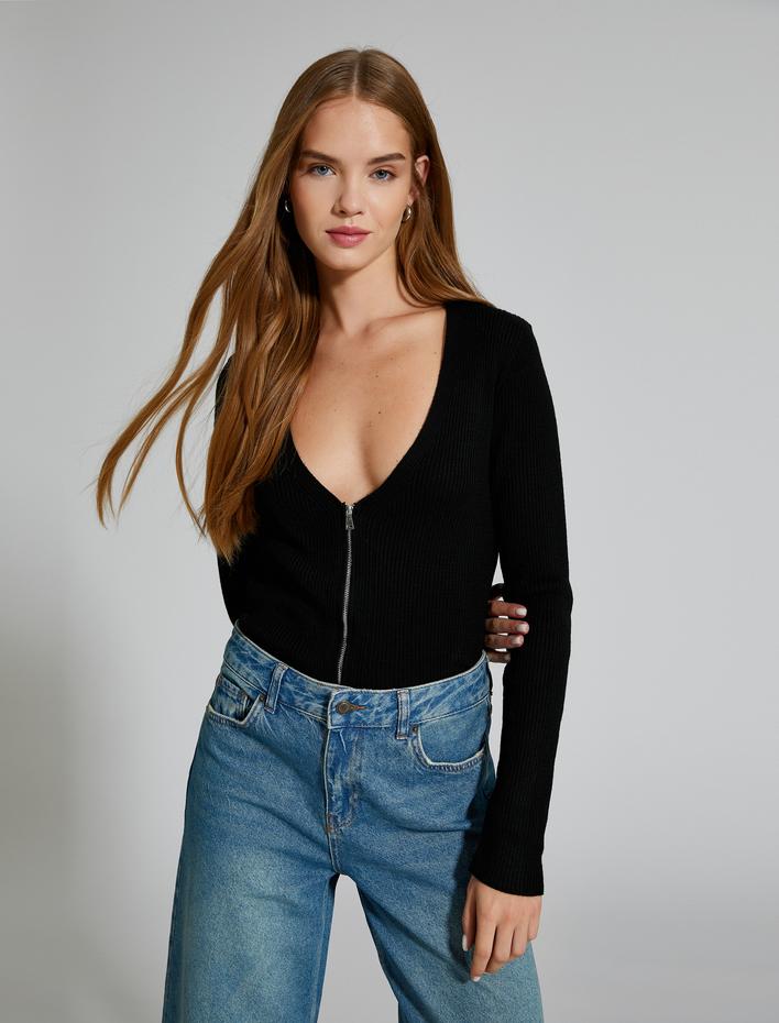  Triko Hırka Fermuarlı V Yaka Fitilli Uzun Kollu