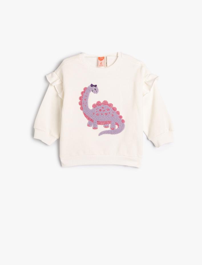 Kız Bebek Dinozorlu Sweatshirt Aplike Detaylı Uzun Kollu Bisiklet Yaka Şardonlu Pamuklu