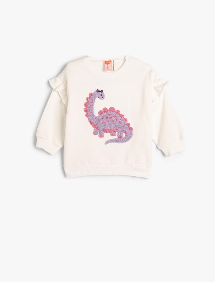 Kız Bebek Dinozorlu Sweatshirt Aplike Detaylı Uzun Kollu Bisiklet Yaka Şardonlu Pamuklu