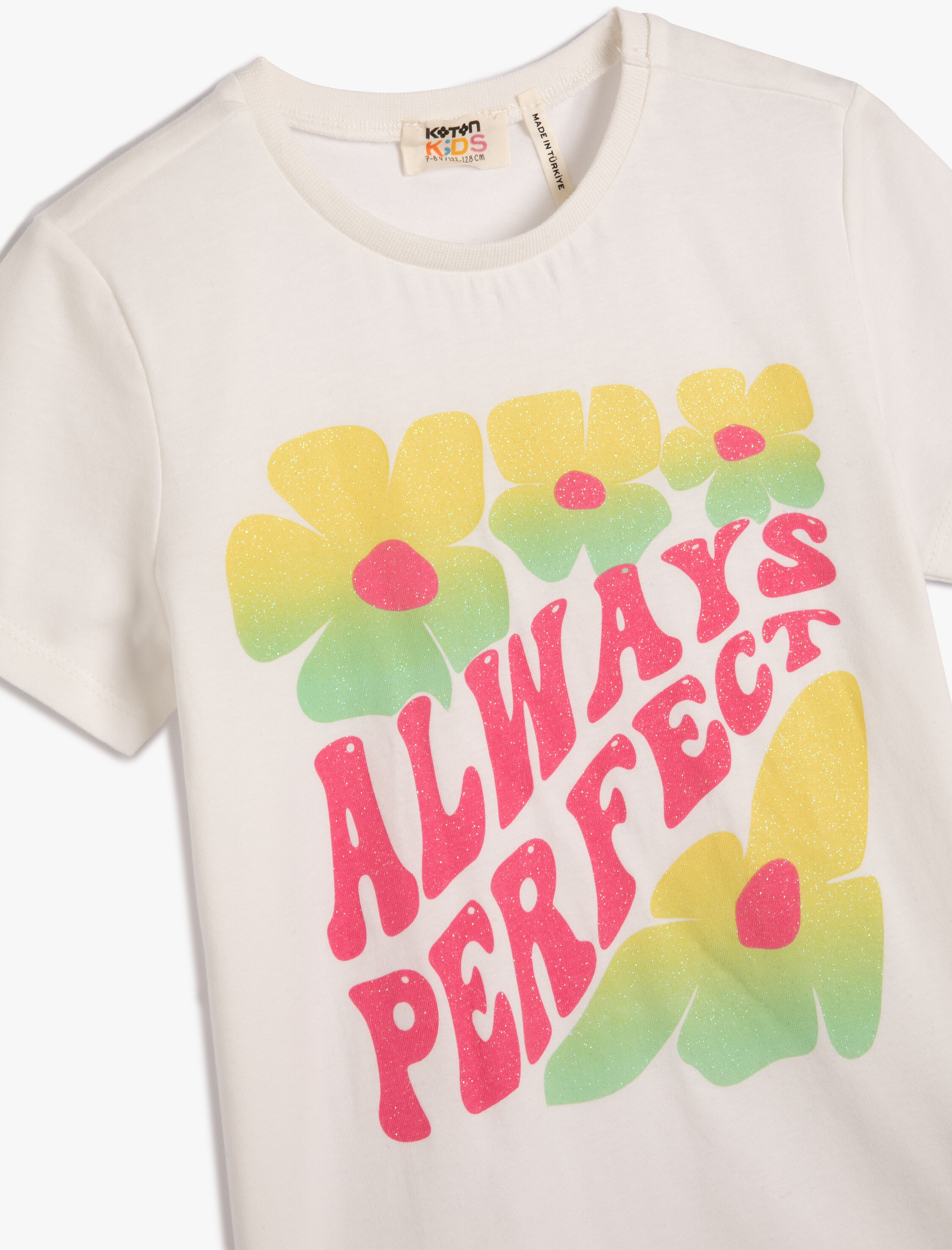  Kız Çocuk Tişört Kısa Kollu Bisiklet Yaka Çiçekli Sim Baskılı Pamuklu