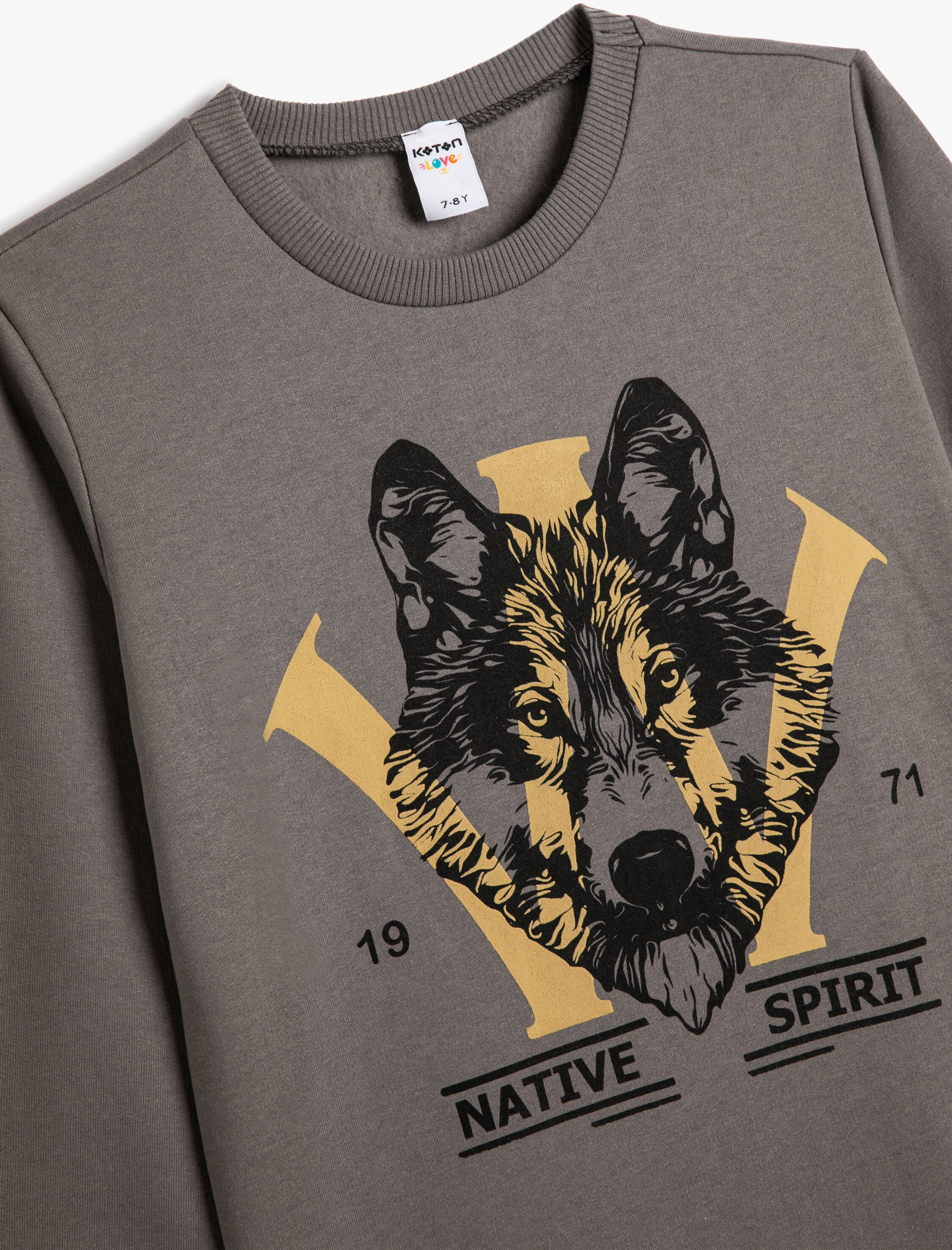  Erkek Çocuk Sweatshirt Uzun Kollu Bisiklet Yaka Kurt Baskılı Şardonlu