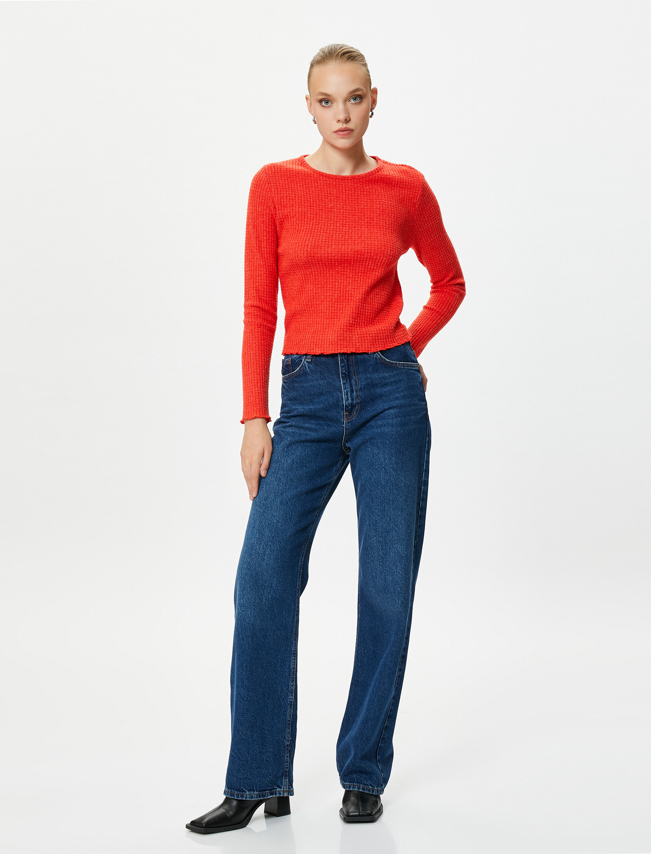   Uzun Kollu Tişört Bisiklet Yaka Dokulu