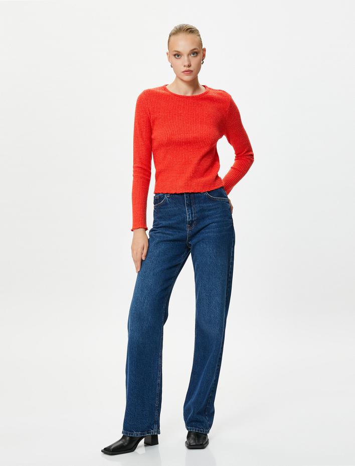  Uzun Kollu Tişört Bisiklet Yaka Dokulu