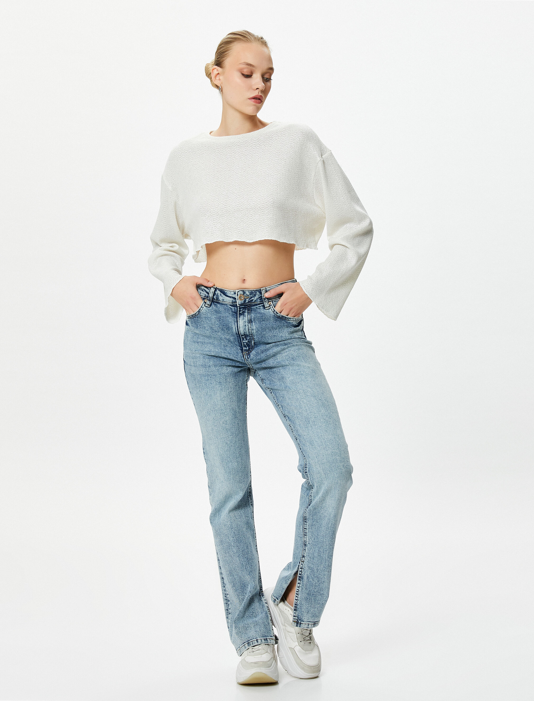   Crop Tişört Örgü Geniş Kollu Rahat Kesim Bisiklet Yaka