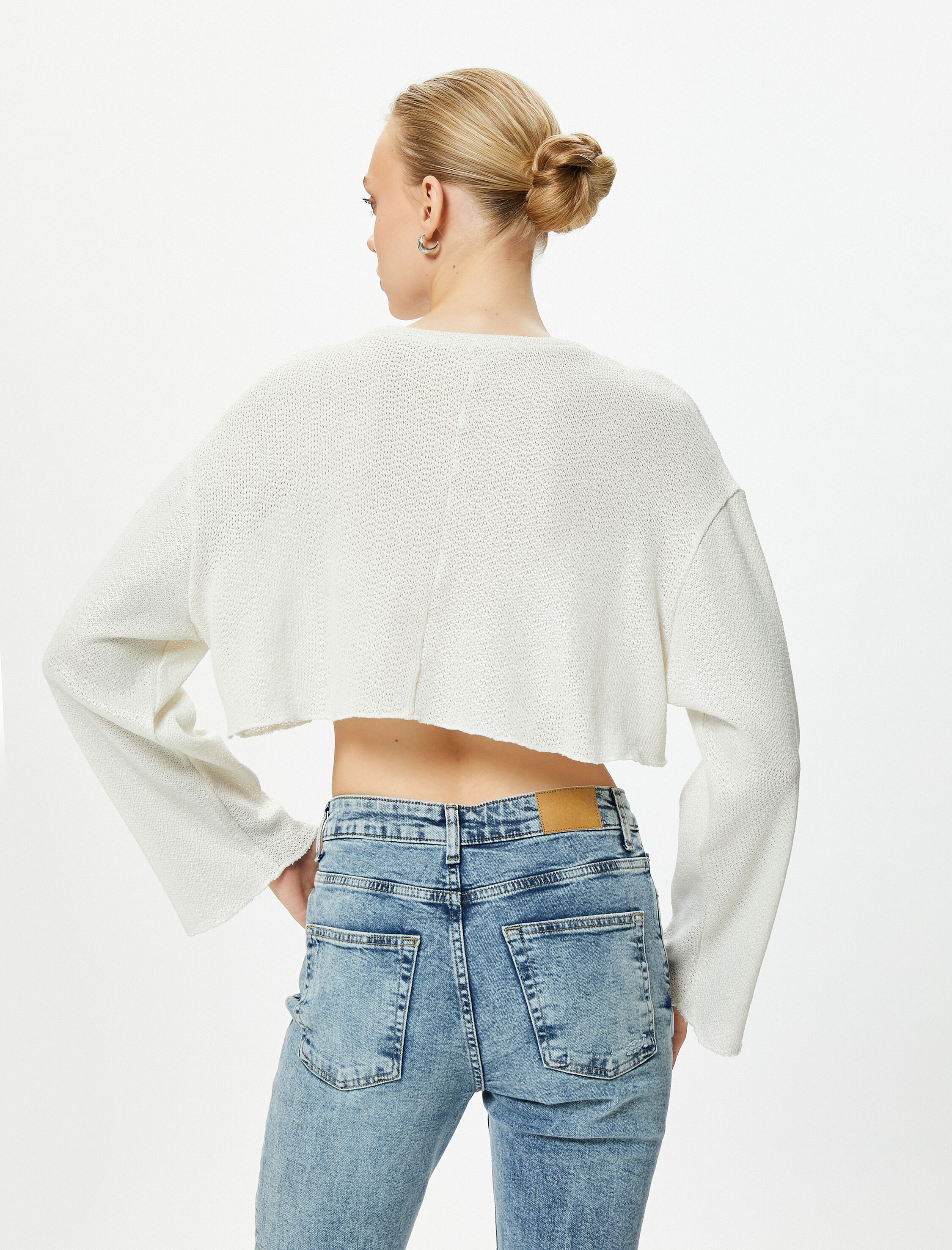   Crop Tişört Örgü Geniş Kollu Rahat Kesim Bisiklet Yaka