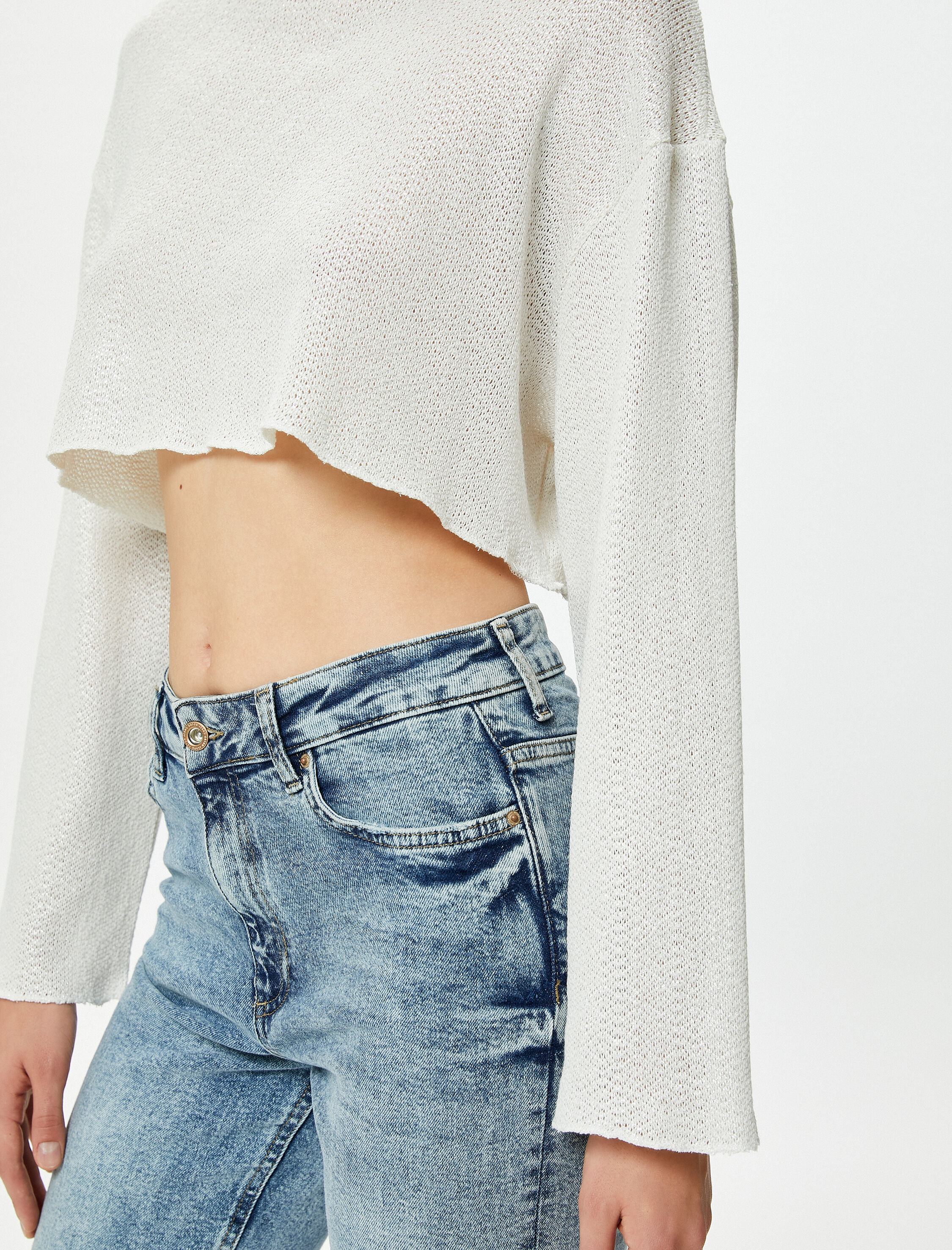   Crop Tişört Örgü Geniş Kollu Rahat Kesim Bisiklet Yaka