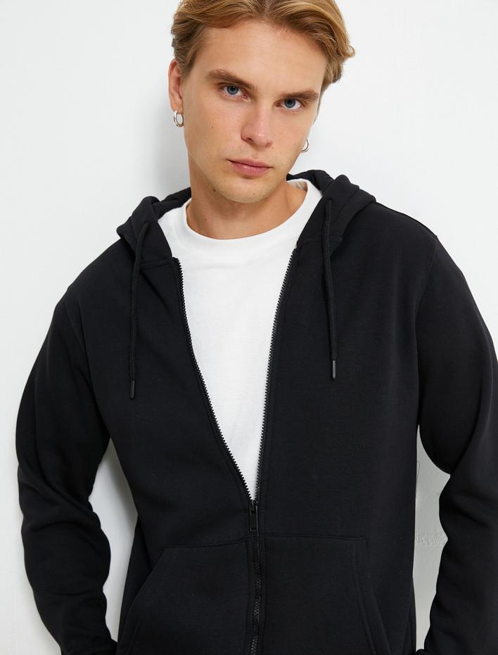  Basic Fermuarlı Sweat Kapşonlu Cep Detaylı Şardonlu