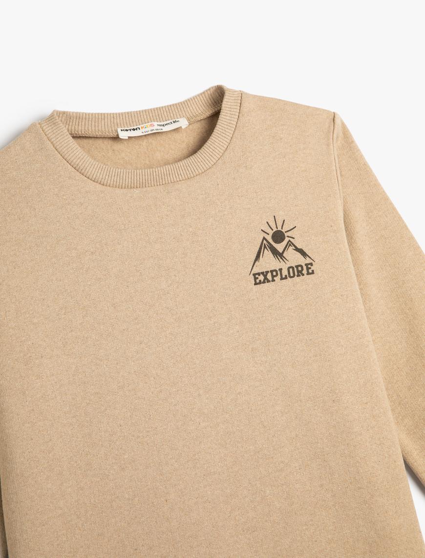  Erkek Çocuk Basic Sweatshirt Uzun Kollu Bisiklet Yaka Doğa Baskı Detaylı Şardonlu