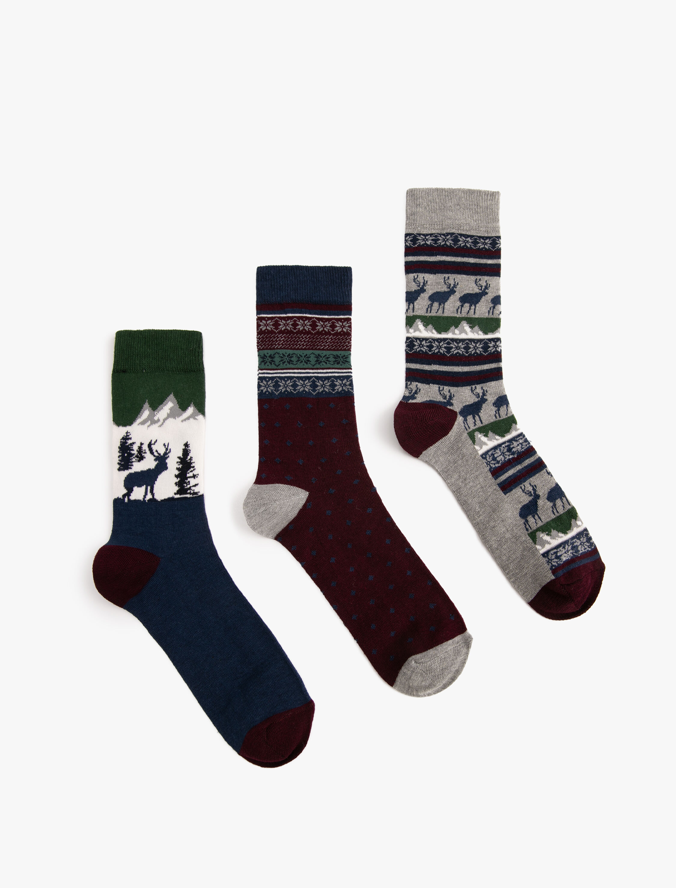  Erkek 3'lü Çorap Seti Yılbaşı Temalı Desenli