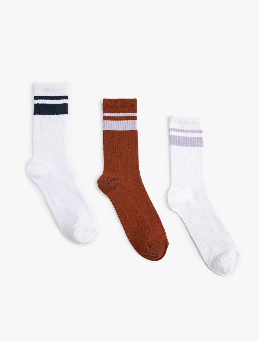  Erkek 3'lü Soket Çorap Seti Çok Renkli Şerit Detaylı