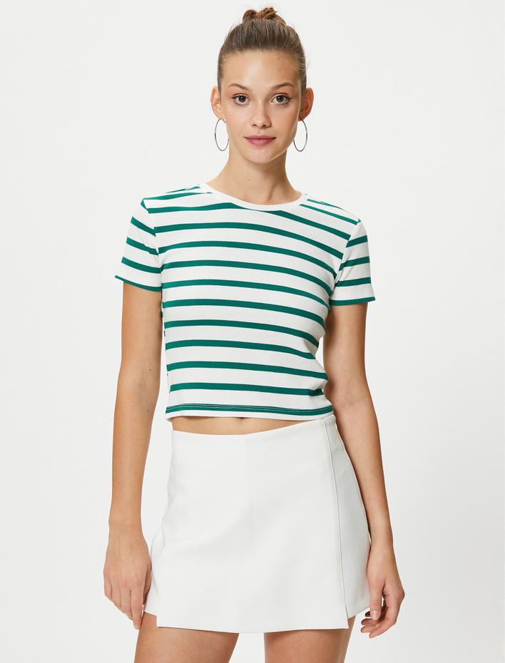  Crop Tişört Kısa Kollu Bisiklet Yaka Viskon Kumaş Karışımlı