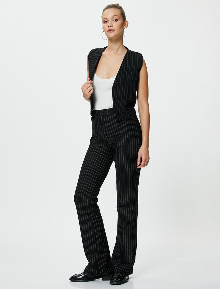  İspanyol Paça Kumaş Pantolon Yüksek Bel Yarım Kemer Detaylı