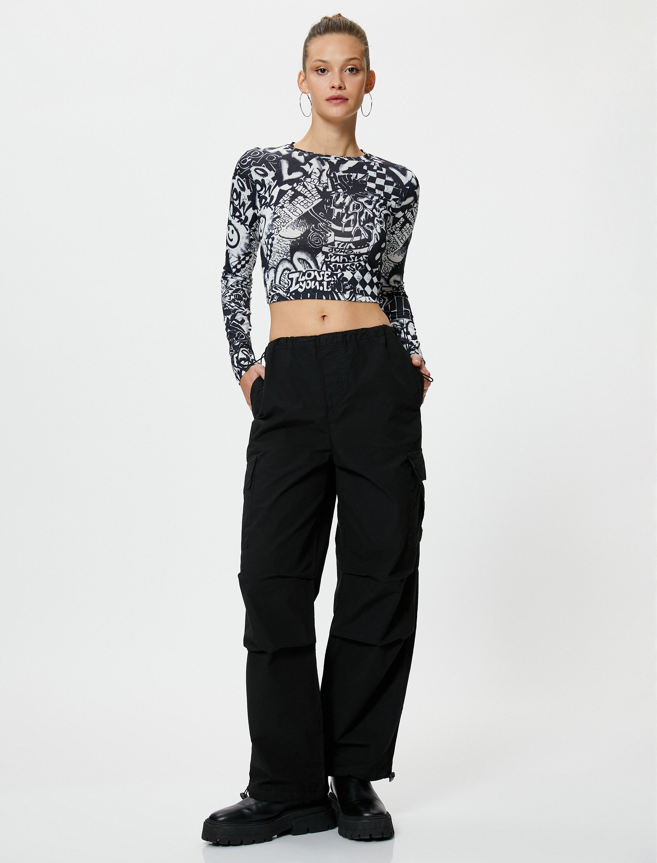   Paraşüt Pantolon Oversize Kargo Cepli Beli ve Paçaları Lastikli Pamuklu