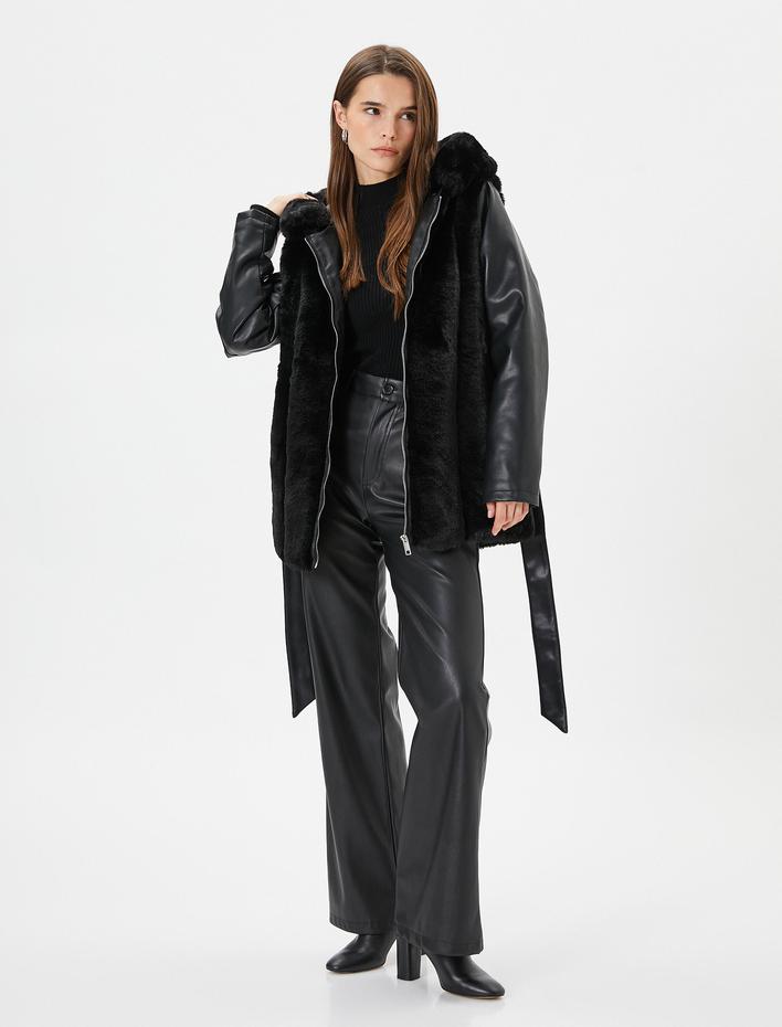  Suni Deri Mont Suni Kürklü Beli Kuşaklı Fermuarlı Kapüşonlu