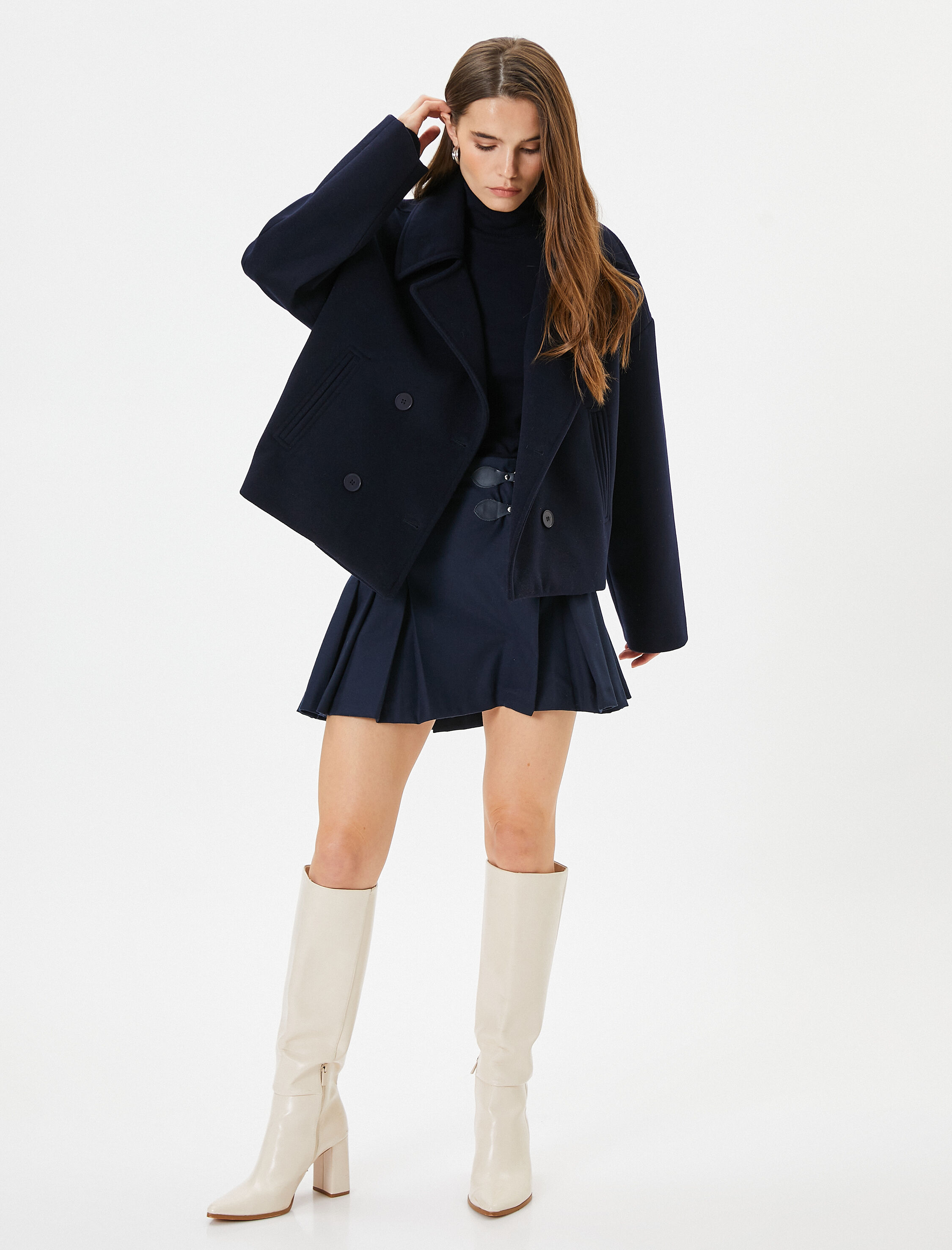   Kısa Kaşe Ceket Kruvaze Düğmeli Cep Detaylı