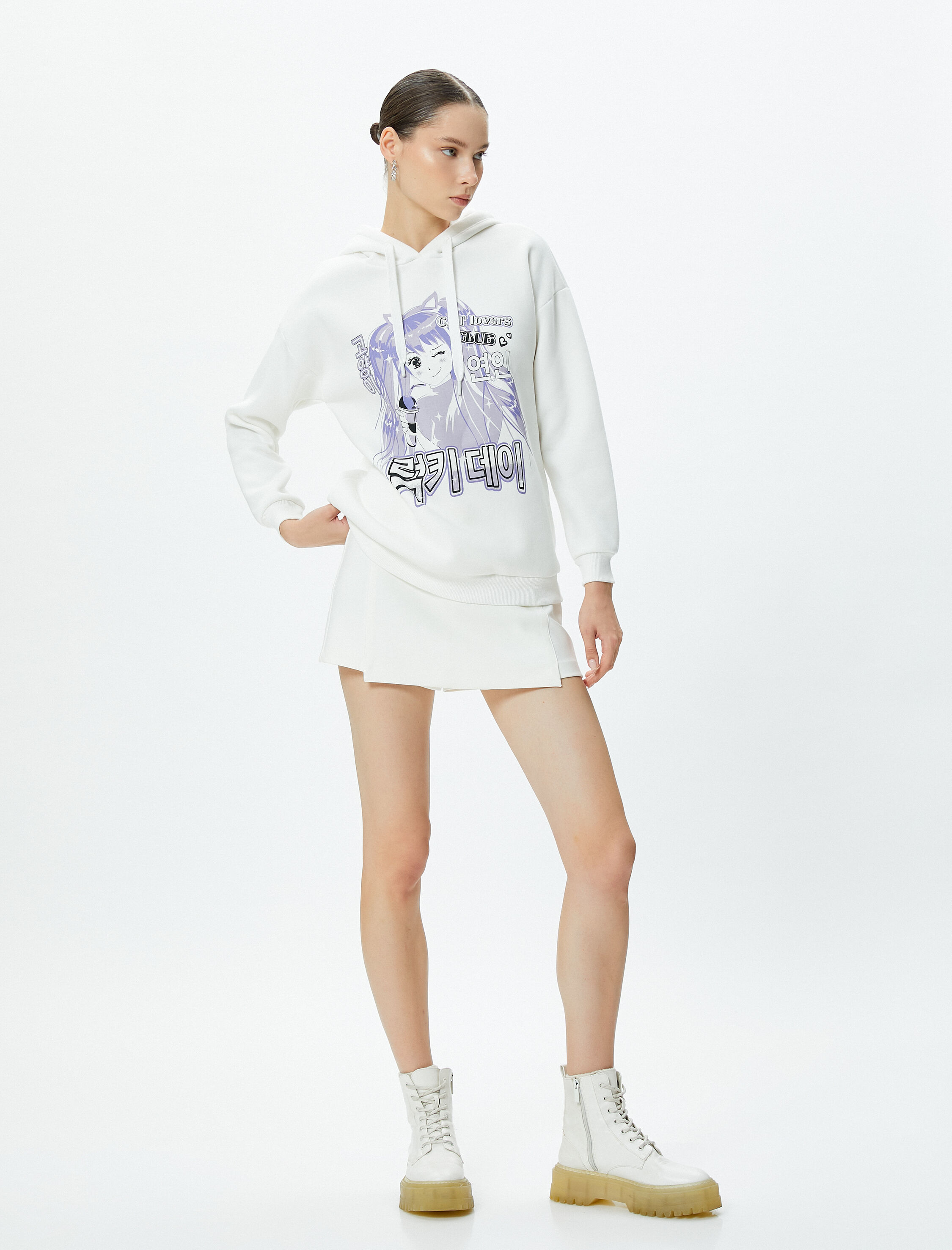   Şardonlu Anime Kapşonlu Sweatshirt Uzun Kollu Rahat Kesim Pamuklu